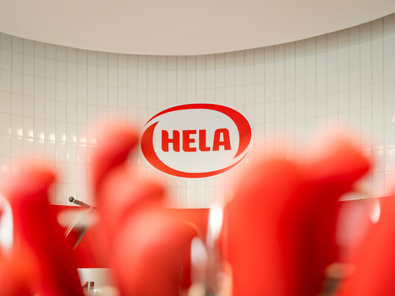 شعار HELA على جدار خلف أشكال حمراء ضبابية